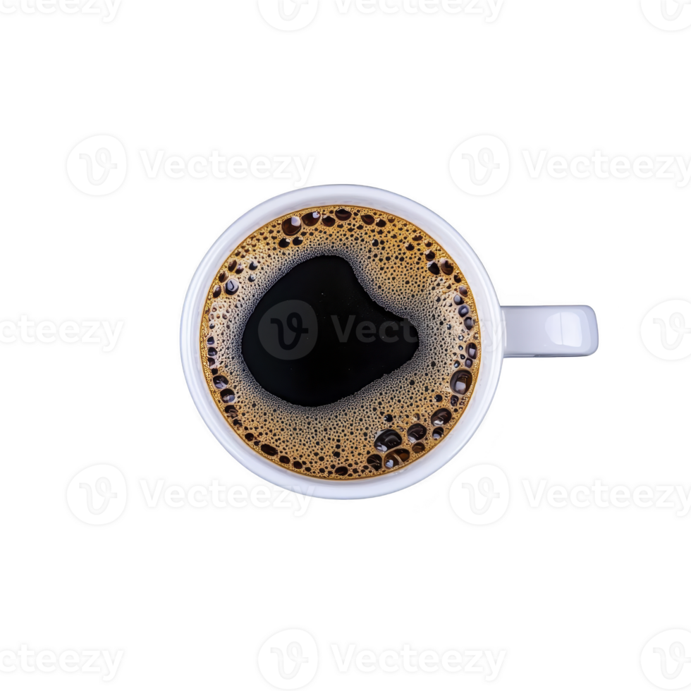 A steaming cup of black coffee in white mug viewed from above, showcasing rich, dark liquid with frothy bubbles on surface, creating cozy and inviting atmosphere png