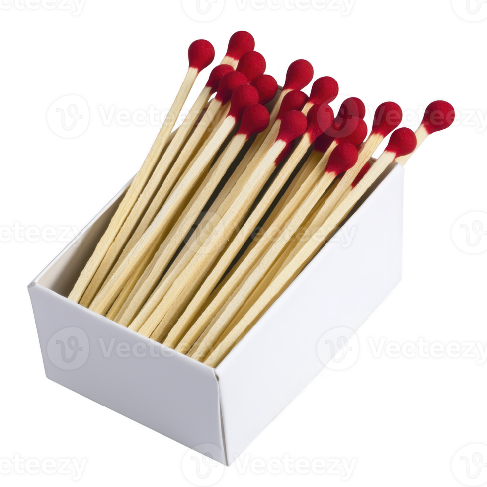 A box of wooden matches with vibrant red tips is displayed, showcasing their simple yet functional design. matches are neatly arranged, highlighting their uniformity and potential use png