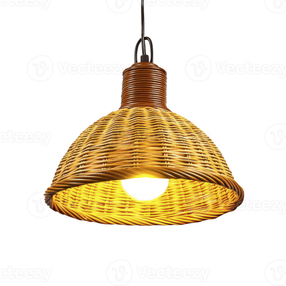 A woven rattan pendant light with warm glow hangs from black cord, showcasing rustic and cozy design perfect for adding ambiance to any room png