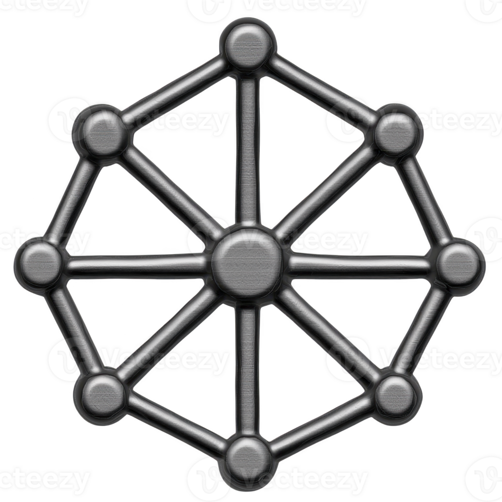 A metallic geometric design features interconnected nodes and lines, forming symmetrical network pattern. structure resembles web or molecular model, showcasing modern and industrial aesthetic png