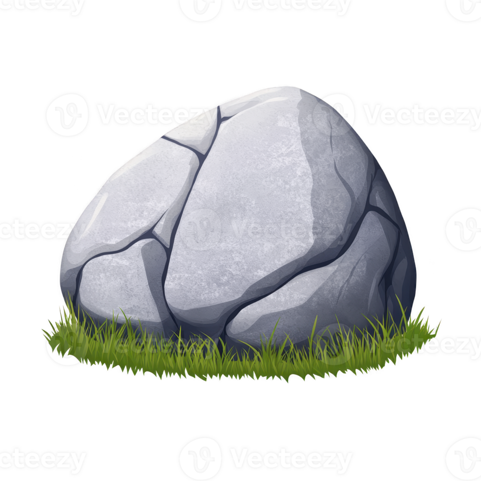 A large, smooth gray rock with visible cracks sits on patch of green grass, creating natural and serene scene. rock texture and shading give it realistic appearance png