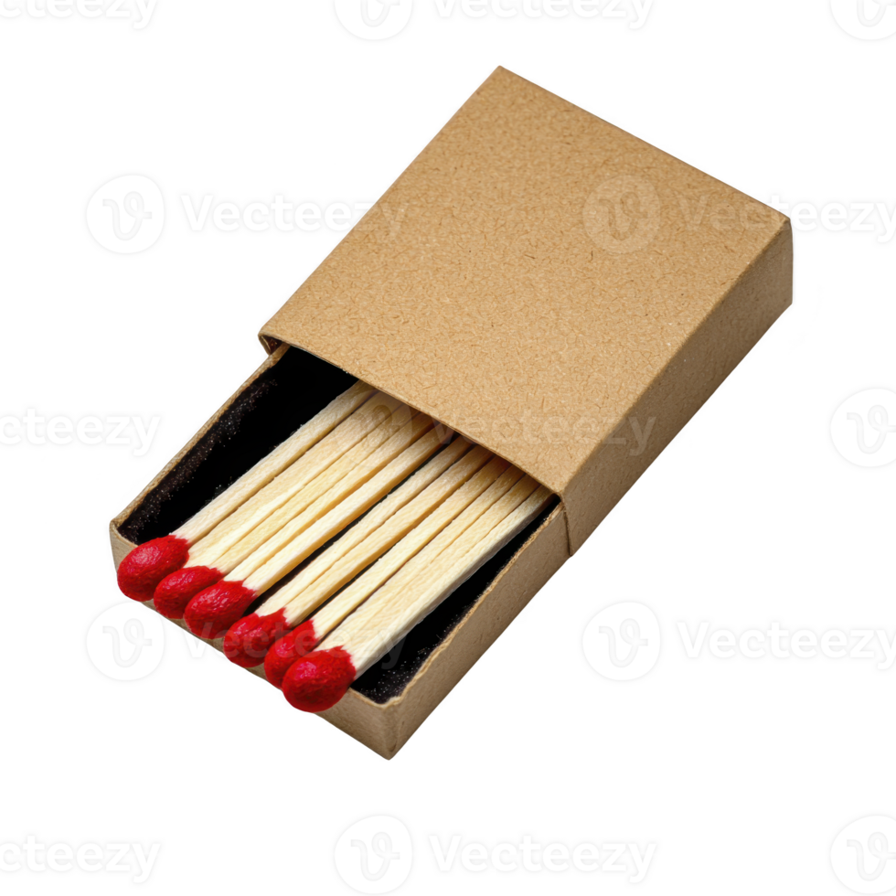 A small cardboard box containing wooden matches with red tips is partially open, revealing matches inside. simple design and natural materials give it classic and functional appearance png