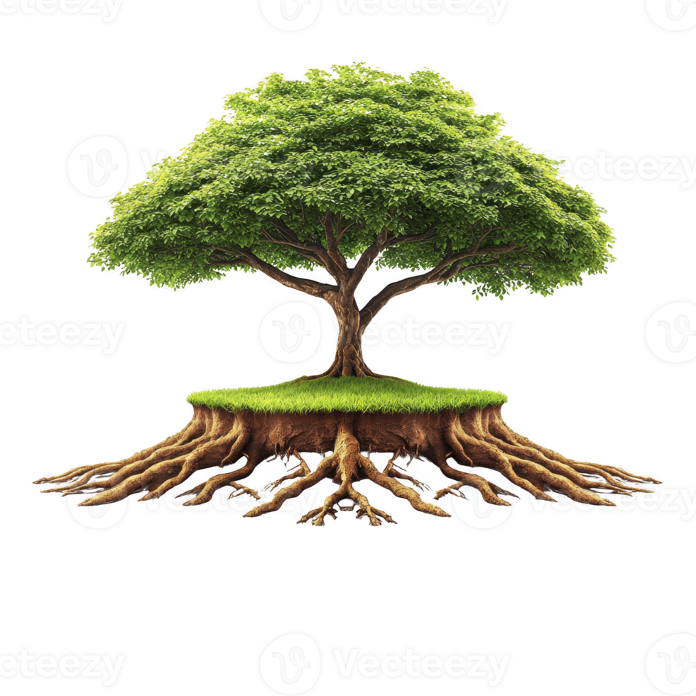 A vibrant tree with lush green leaves and extensive roots is depicted, symbolizing growth and stability. roots are exposed, showcasing tree foundation and connection to earth png
