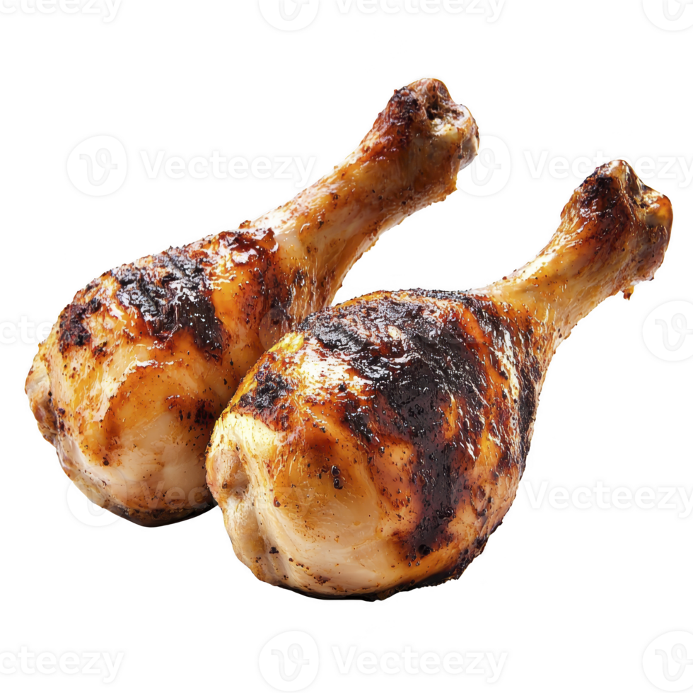 A Two grilled chicken drumsticks with crispy, golden brown skin are shown, showcasing deliciously charred texture. appetizing appearance suggests savory and flavorful meal png