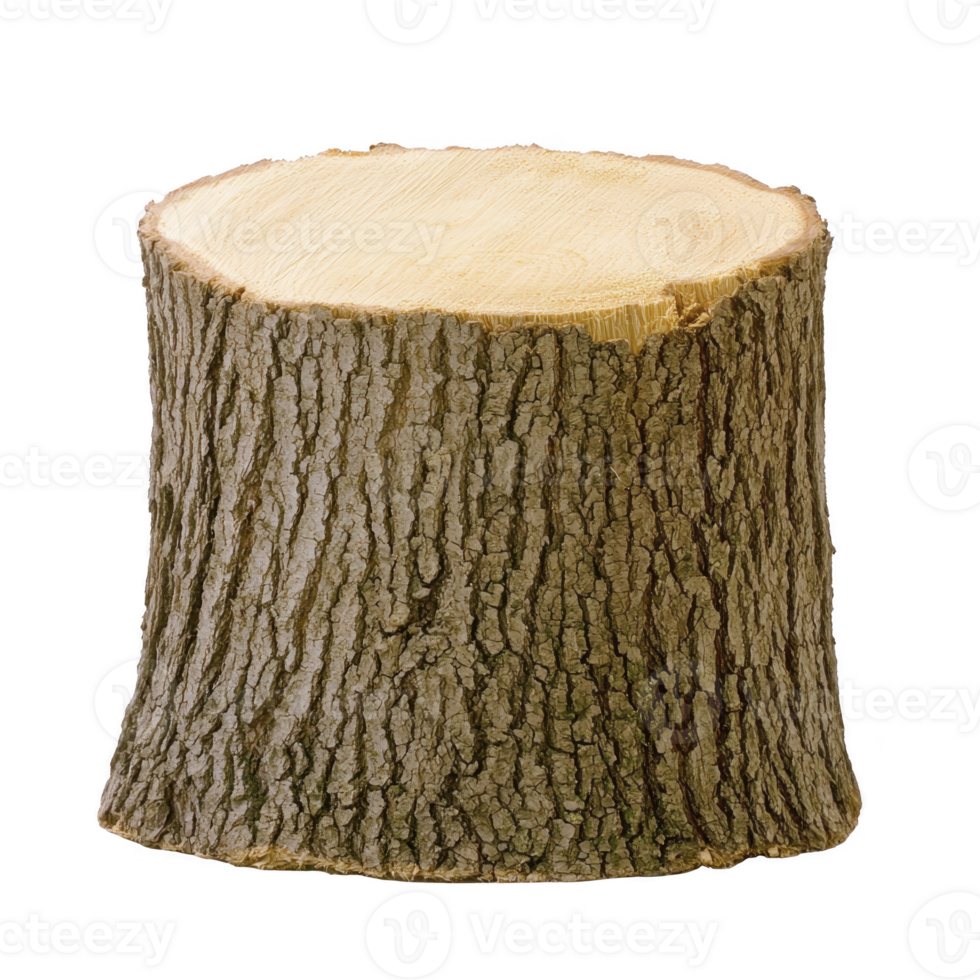A tree stump with rough bark and smooth, flat top surface, isolated on transparency background. texture of bark contrasts with clean cut of top, showcasing natural wood patterns png