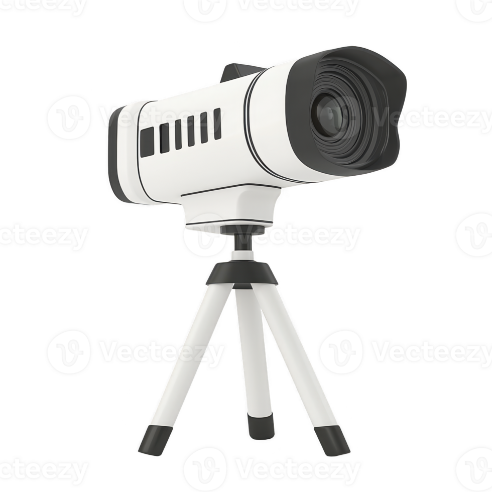A white telescope with black lens is mounted on tripod, designed for stargazing or terrestrial observation. sleek, modern design suggests portability and ease of use png