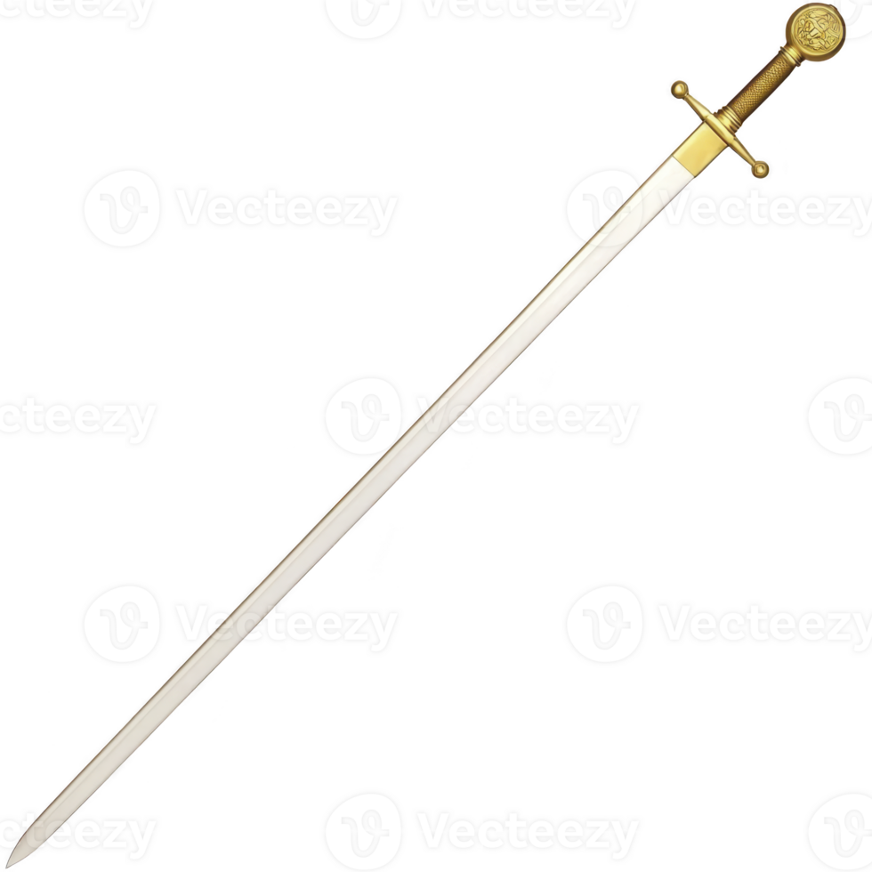 A long, elegant sword with golden hilt and intricate design, featuring straight, sharp blade. sword exudes sense of historical significance and craftsmanship png