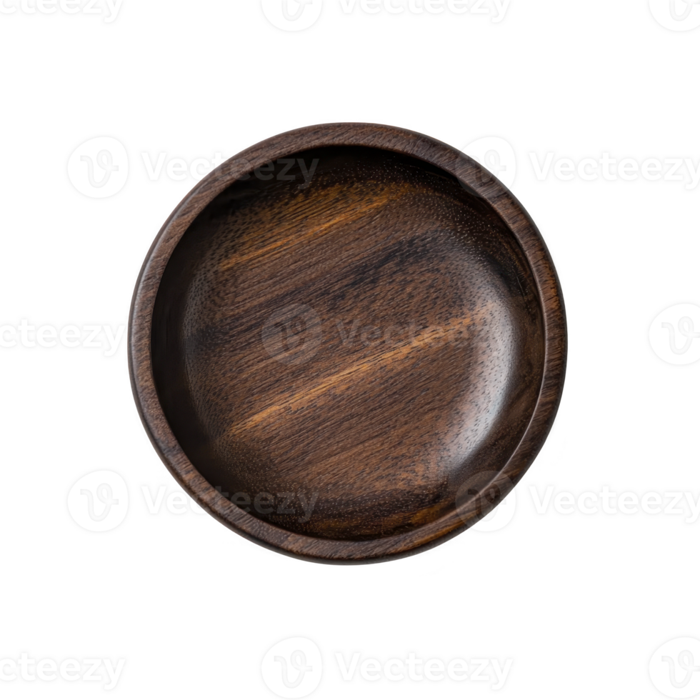 A round wooden bowl with smooth, polished finish and rich brown tones, perfect for serving or decoration. natural grain adds rustic charm to any setting png