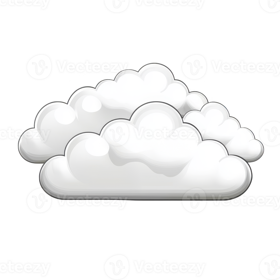 A cartoon illustration of fluffy white clouds with glossy appearance, set against transparent background. clouds are layered, creating sense of depth and softness png