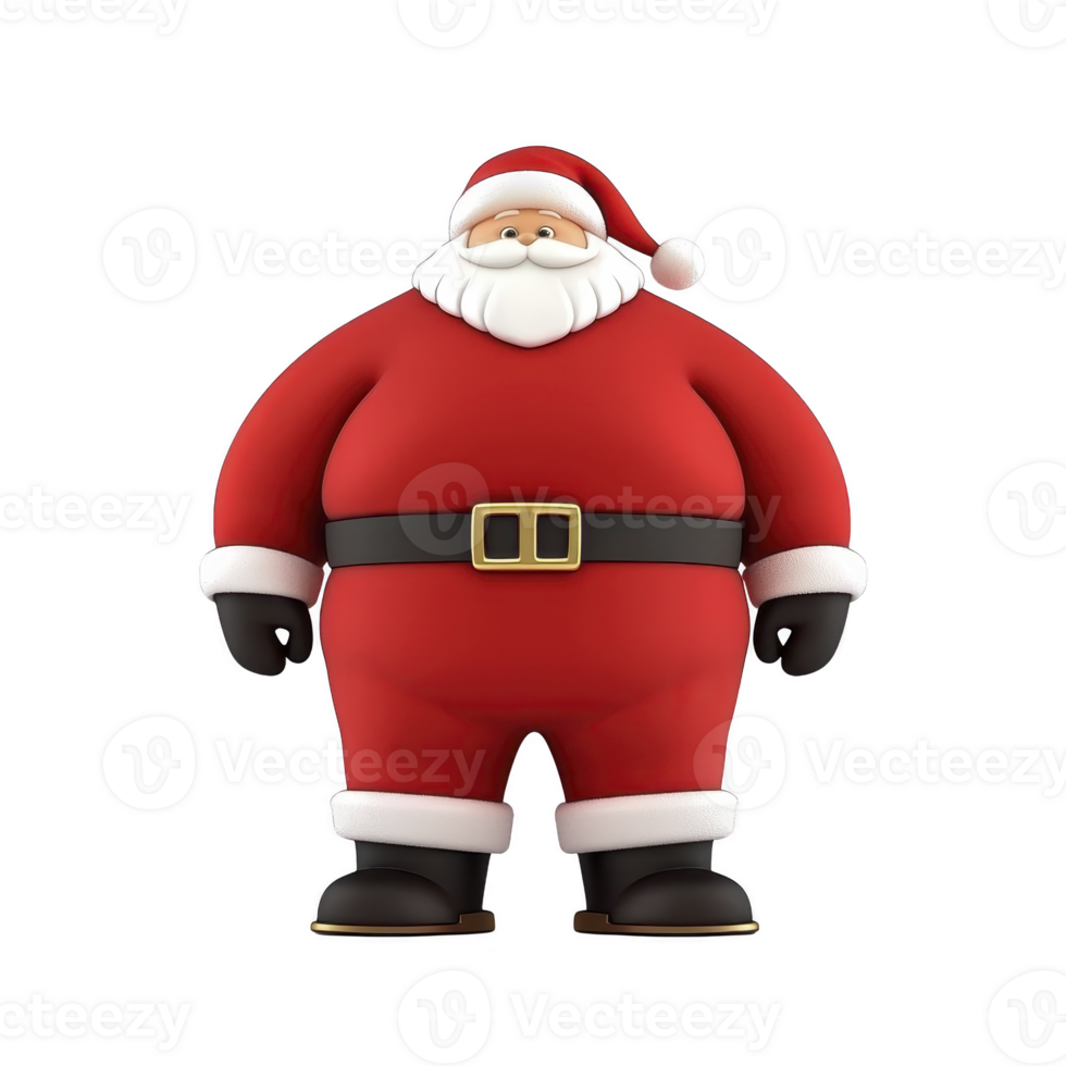 A jolly, cartoon Santa Claus stands with cheerful expression, wearing his classic red suit with white trim, black belt, and boots. His white beard and hat complete festive look png