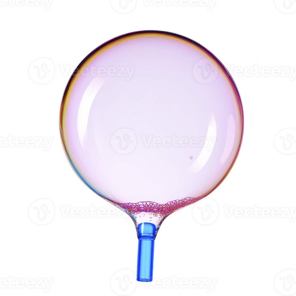 A large, iridescent soap bubble with blue handle, reflecting light in spectrum of colors, floats against transparency background. bubble surface displays delicate, colorful sheen png