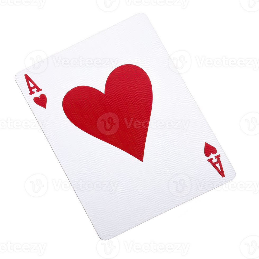 An ace of hearts playing card is shown against transparency background, symbolizing love and luck in card games. card is tilted slightly, emphasizing its vibrant red heart design png