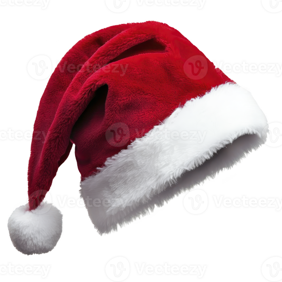 A vibrant red Santa hat with fluffy white trim and pom pom, symbolizing festive holiday cheer and Christmas spirit. Perfect for seasonal celebrations and winter festivities png