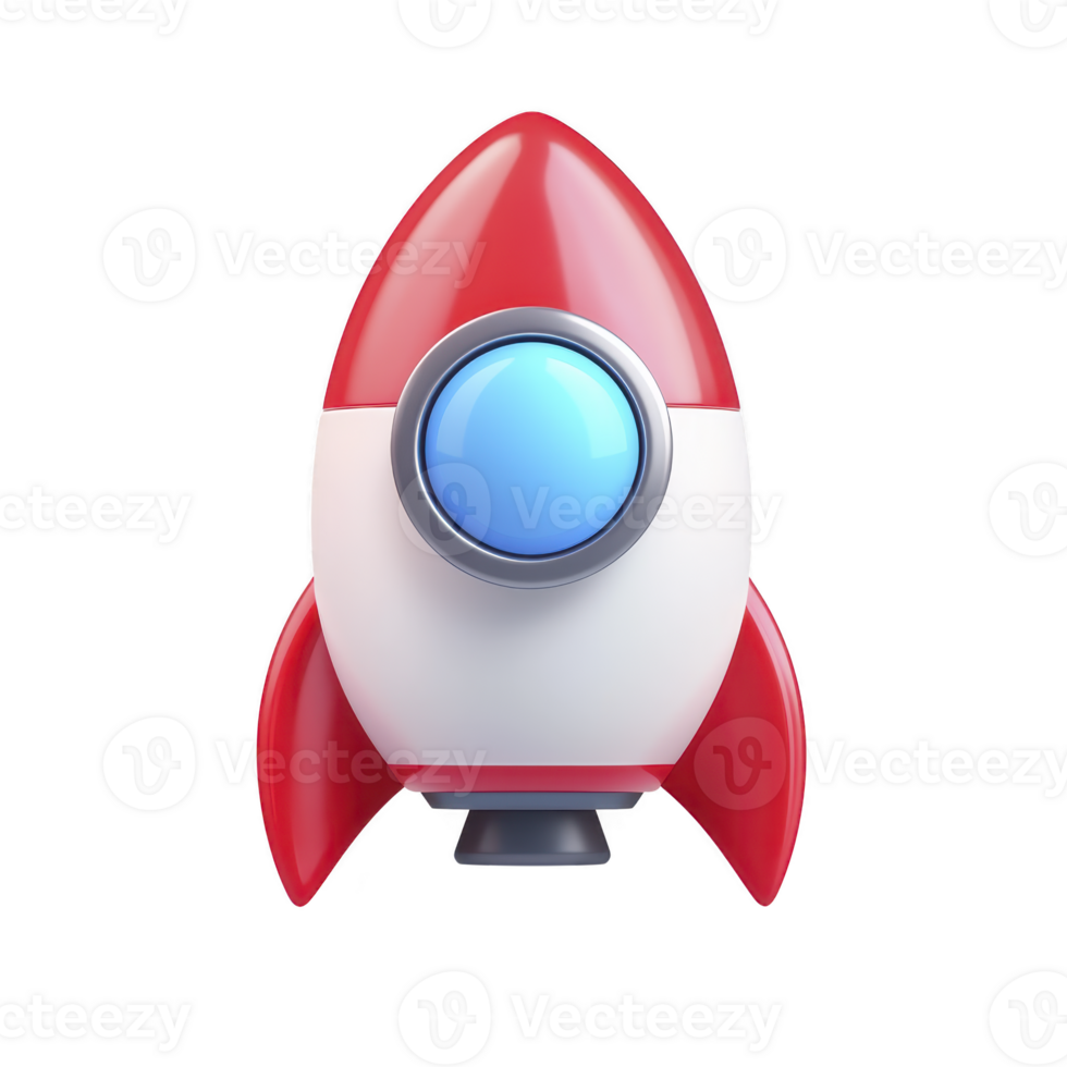 A red and white cartoon rocket with blue window, symbolizing innovation and exploration, stands against transparent background. Its playful design evokes sense of adventure png