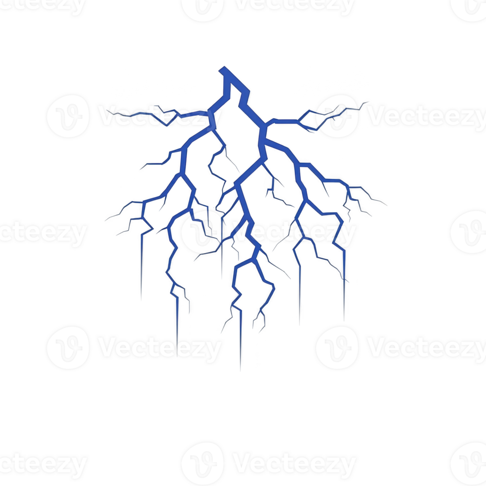 A striking blue lightning bolt with branching tendrils against transparency background, creating dramatic and electrifying visual effect png
