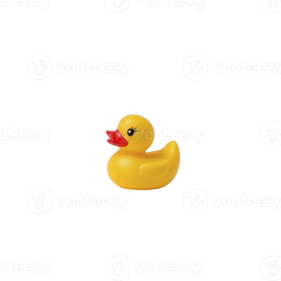 A bright yellow rubber duck with cheerful expression is shown against plain background. duck features classic design with red beak and is often used as bath toy png