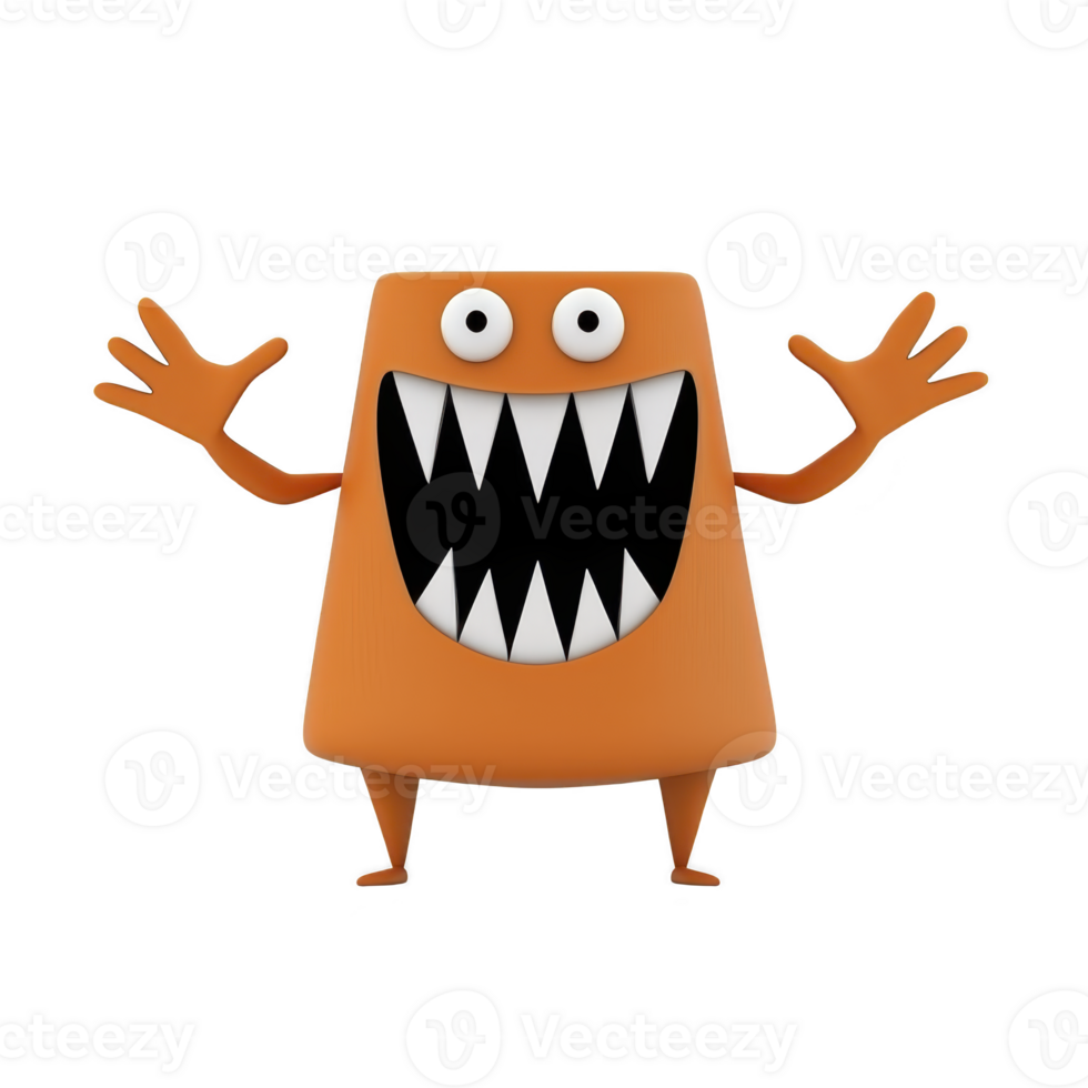 A playful orange cartoon monster with sharp teeth and wide eyes stands with arms raised, expressing excitement. Its simple geometric shape and vibrant color add to its whimsical charm png