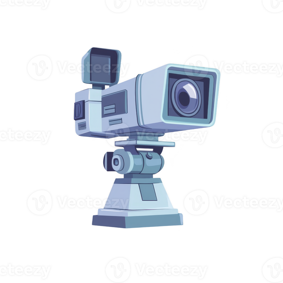 A digital illustration of vintage camera with tripod, featuring retro design and blue tones. camera has large lens and viewfinder, evoking nostalgia png