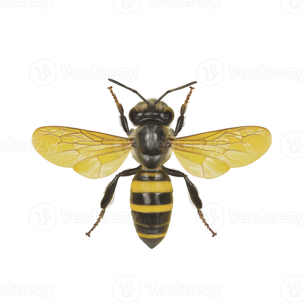 A detailed illustration of bee with vibrant yellow and black stripes, showcasing its delicate wings and intricate body structure. image highlights bee natural beauty and importance in nature png