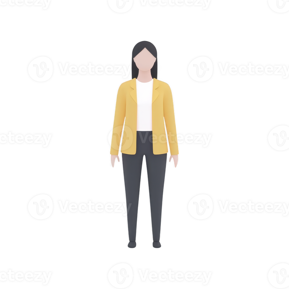 A minimalist illustration of person wearing yellow jacket, white shirt, and dark pants, standing with neutral expression. design is simple and modern, focusing on clean lines and muted colors png