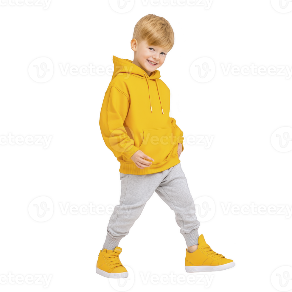 A cheerful young boy wearing bright yellow hoodie and gray sweatpants, paired with matching yellow sneakers, poses confidently against transparency background png
