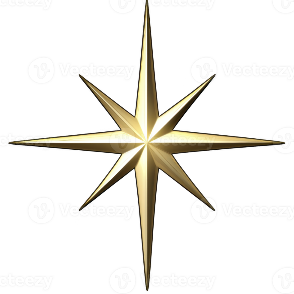 A golden eight pointed star with shiny, metallic finish, symbolizing guidance and elegance, set against transparent background. star symmetrical design adds sense of balance and harmony png