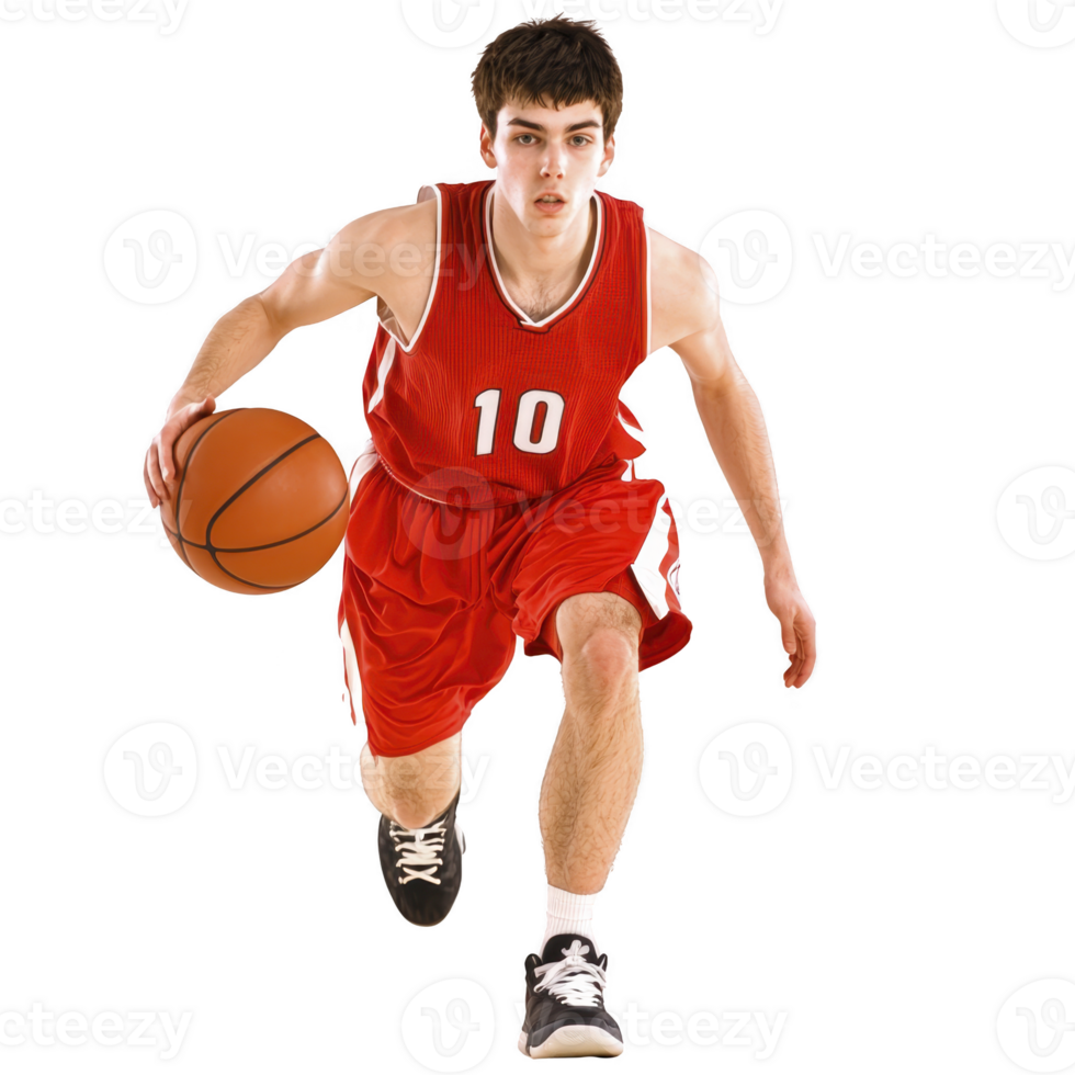 A basketball player in red uniform dribbles ball with focus and determination. athlete dynamic movement and intense expression highlight competitive nature of sport png