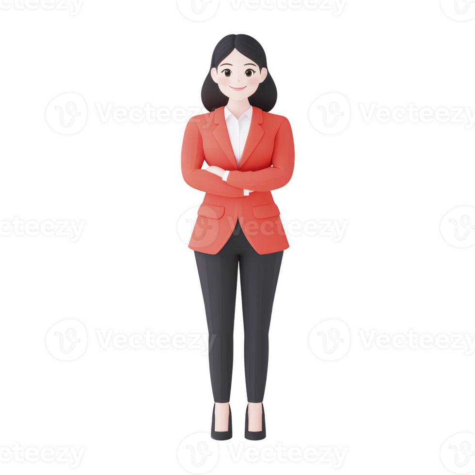 A 3D illustration of confident woman in red blazer and black pants, standing with arms crossed. She has friendly expression, conveying professionalism and approachability png