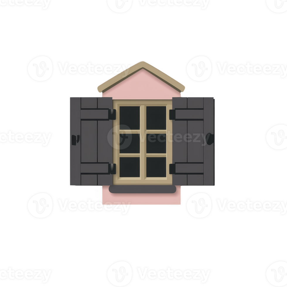 A charming illustration of pink house facade features window with black shutters, evoking cozy and inviting atmosphere. simple design highlights quaint architectural details png