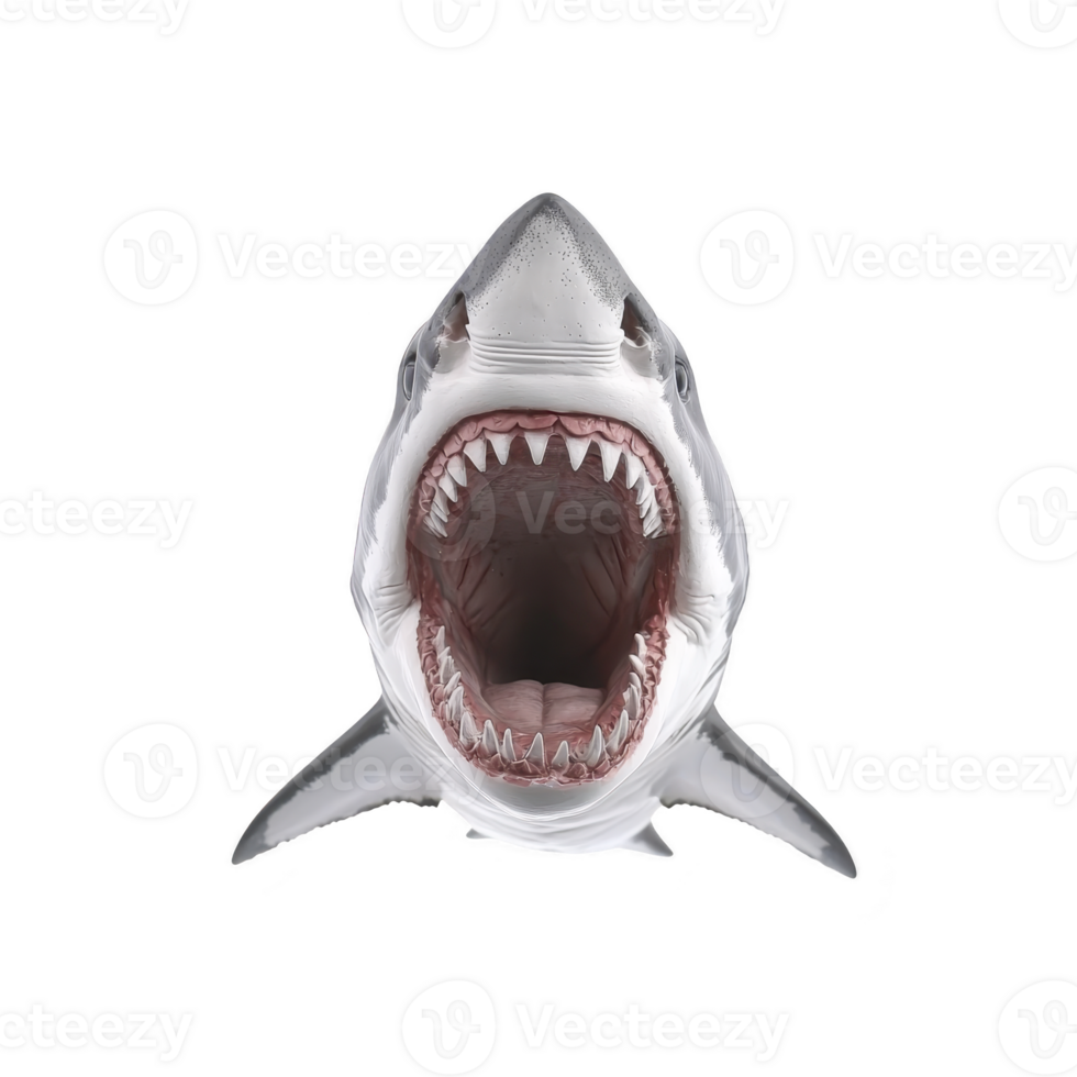 A great white shark with its mouth wide open, showcasing sharp teeth and powerful jaw, is depicted against plain background. image captures fierce and intimidating nature of this ocean predator png