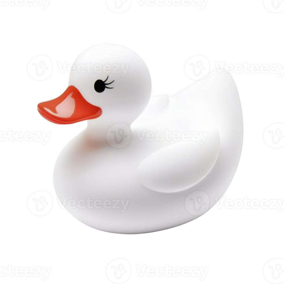 A cute white rubber duck with orange beak and black eyes, perfect for bath time fun. duck smooth surface and simple design make it classic toy for children png