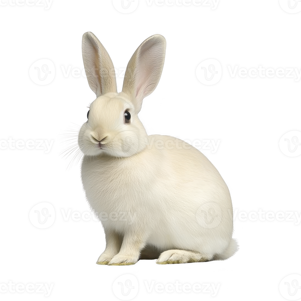 A cute white rabbit with large ears sits attentively, showcasing its soft fur and gentle expression. rabbit posture is upright, highlighting its alertness and curiosity png