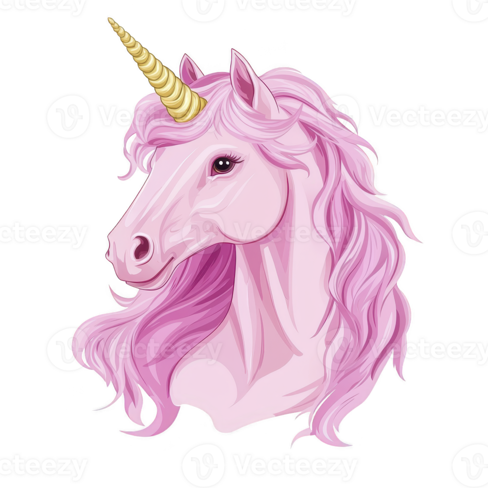 A majestic pink unicorn with golden horn and flowing mane exudes sense of magic and fantasy. illustration captures mythical creature elegance and charm png