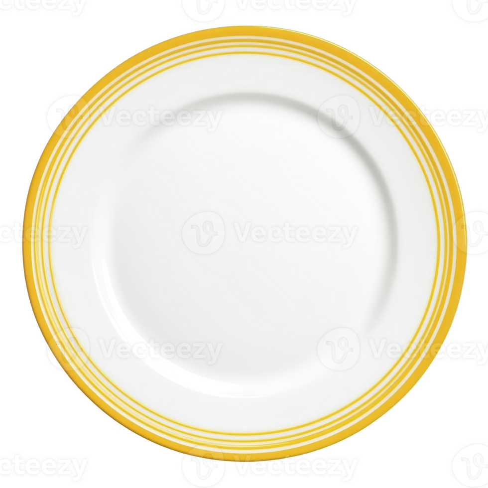 A white ceramic plate with vibrant yellow rim featuring concentric circles, perfect for adding pop of color to any dining setting png