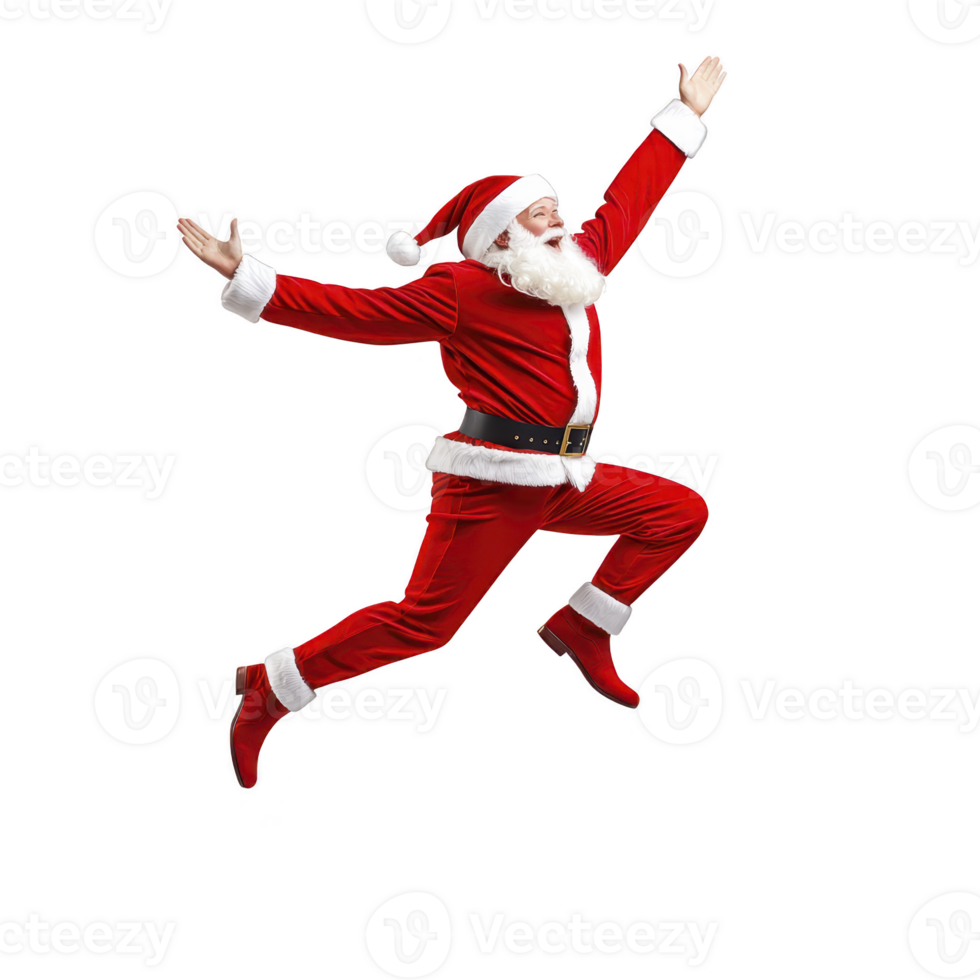 A joyful Santa Claus in red suit and hat is leaping with arms raised, expressing excitement and holiday cheer. image captures festive spirit of Christmas png