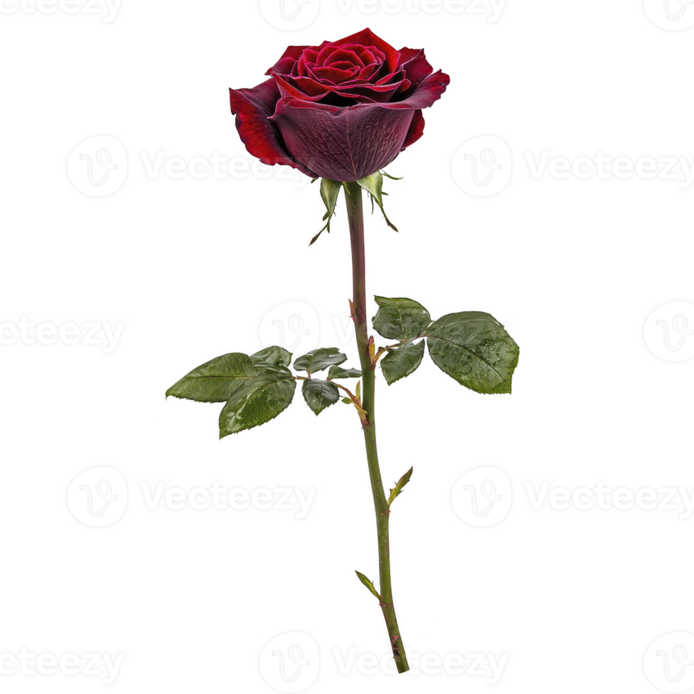 A single red rose with lush green leaves and long stem, symbolizing love and passion, stands elegantly against plain background. vibrant petals are beautifully layered png