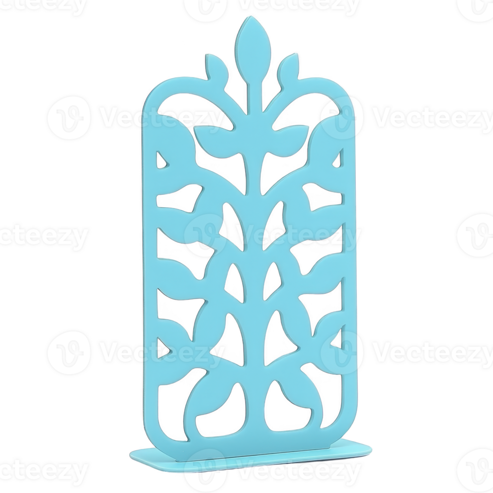A decorative blue metal stand with intricate leaf pattern design, perfect for adding touch of elegance to any space. stand vibrant color and artistic cutouts create stylish look png