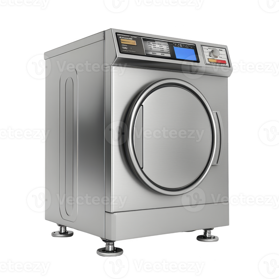 A modern stainless steel washing machine with digital controls and sleek design, perfect for efficient laundry care in contemporary homes png