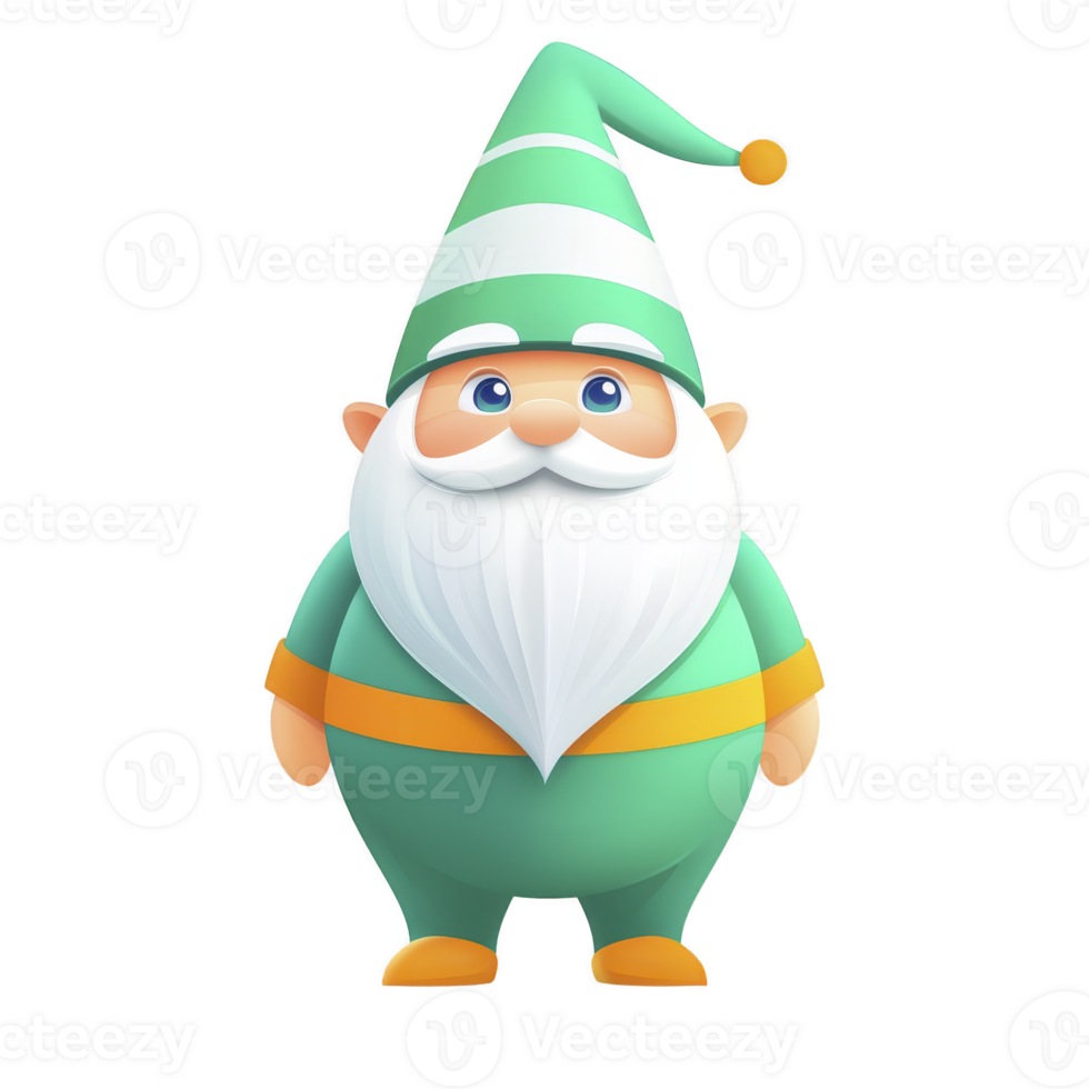 A cheerful cartoon gnome with long white beard and green outfit stands smiling. gnome wears tall, pointed hat with yellow pom pom, adding whimsical touch to its appearance png