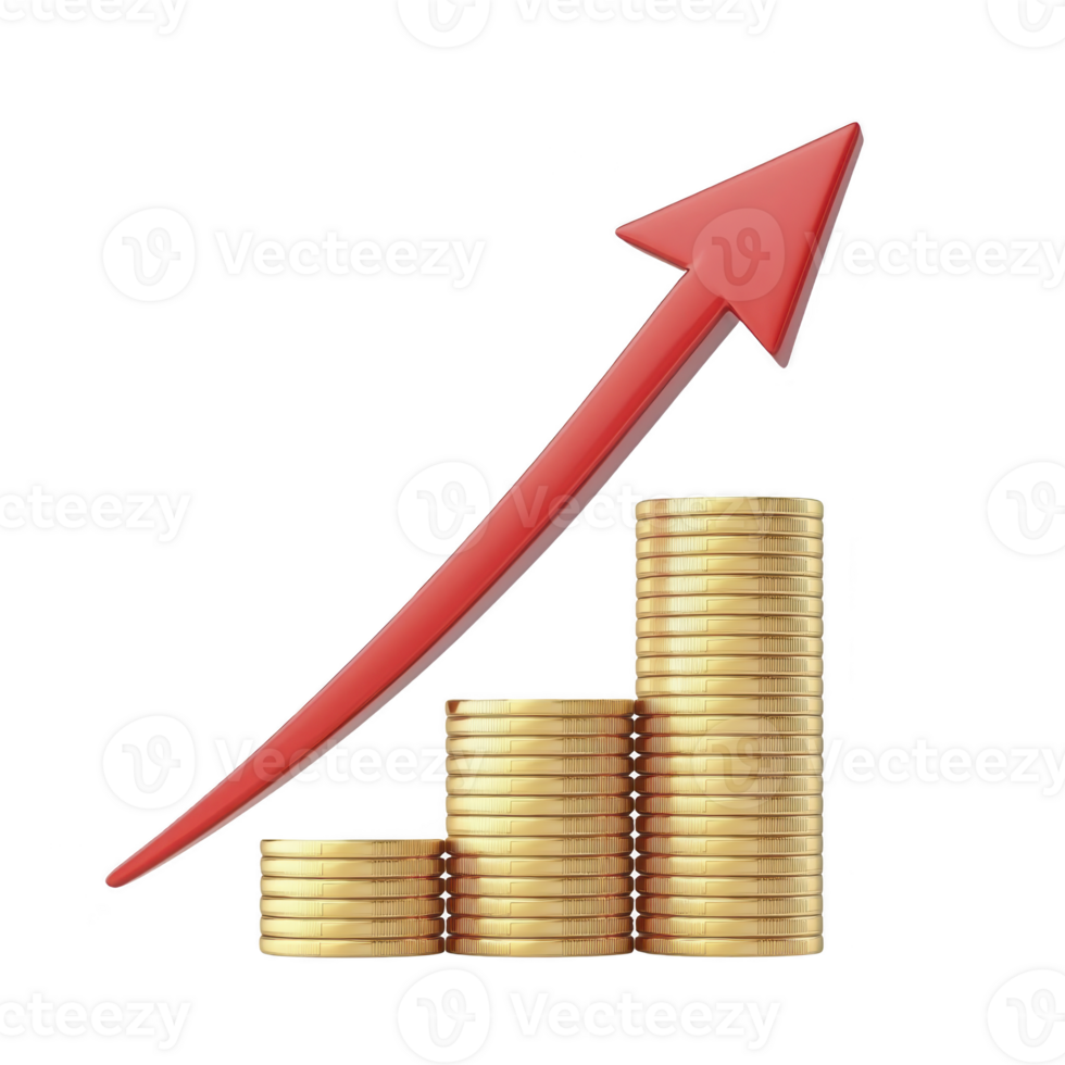 A stack of gold coins is arranged in ascending order, symbolizing financial growth, with red arrow curving upward to indicate increasing profits or success png