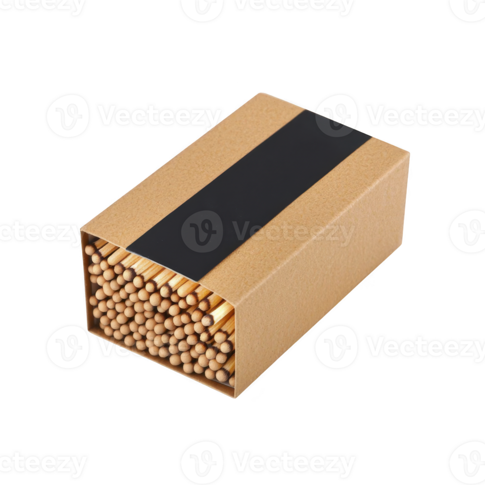 A box of wooden matches with black stripe on side is shown, featuring numerous matchsticks neatly arranged inside. box is open, revealing match heads png