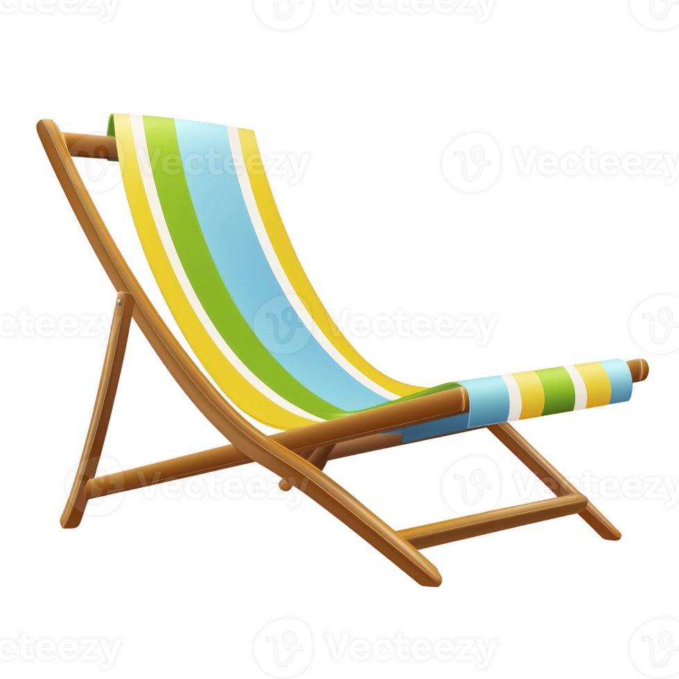 A colorful striped deck chair with wooden frame, perfect for relaxing outdoors. vibrant fabric features blue, green, yellow, and white stripes, adding cheerful touch to any setting png
