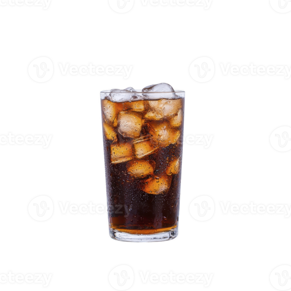 A refreshing glass of iced with ice cubes, showcasing condensation on glass, perfect for hot day. dark, fizzy beverage is inviting and thirst quenching png