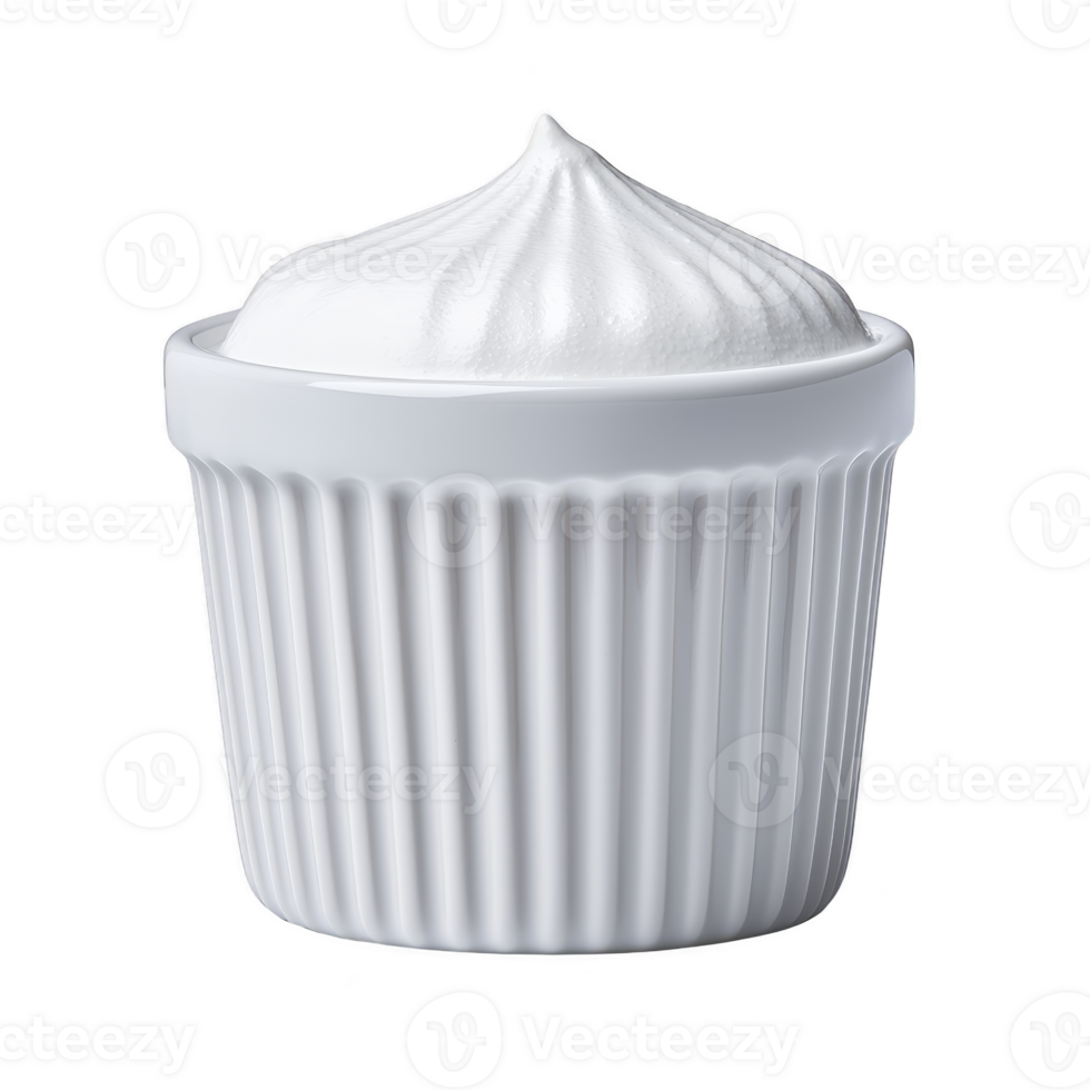 A white ceramic ramekin filled with fluffy whipped cream, showcasing smooth and creamy texture. elegant design of ramekin complements light and airy appearance of cream png