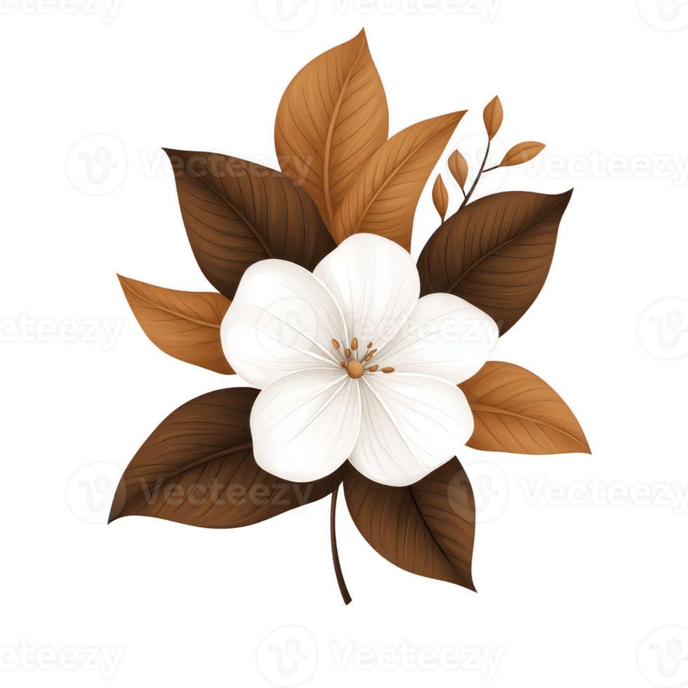 A white flower with detailed petals is surrounded by brown and orange leaves, creating harmonious and elegant design. contrast between flower and leaves adds depth and warmth png