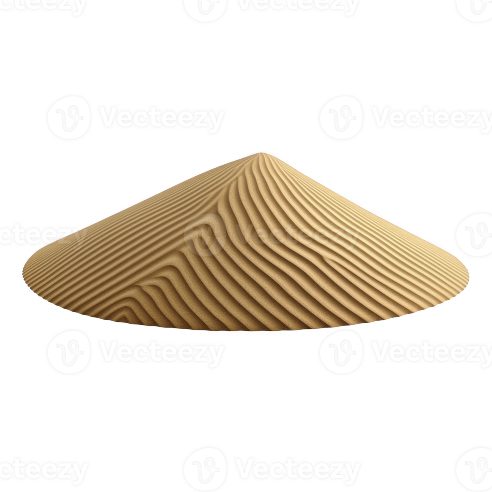 A perfectly symmetrical cone of sand with intricate, wavy patterns creates mesmerizing visual effect, resembling zen garden. smooth texture and precise lines evoke sense of calm and balance png