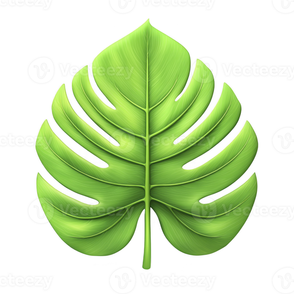 A vibrant green monstera leaf with distinct cutouts and glossy texture, symbolizing tropical nature and freshness. leaf intricate design adds touch of elegance and natural beauty png