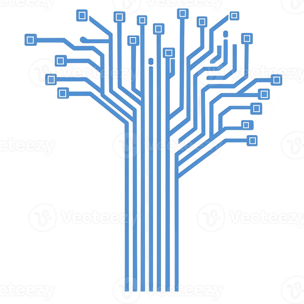 A digital tree design with blue circuit lines branching out, symbolizing technology and connectivity. abstract pattern resembles tree, merging nature with digital innovation png