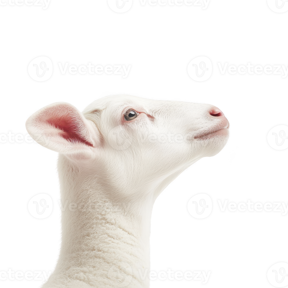 A close up of young lamb with serene expression, showcasing its soft white wool and pink ears against plain background. image highlights gentle and innocent nature of animal png