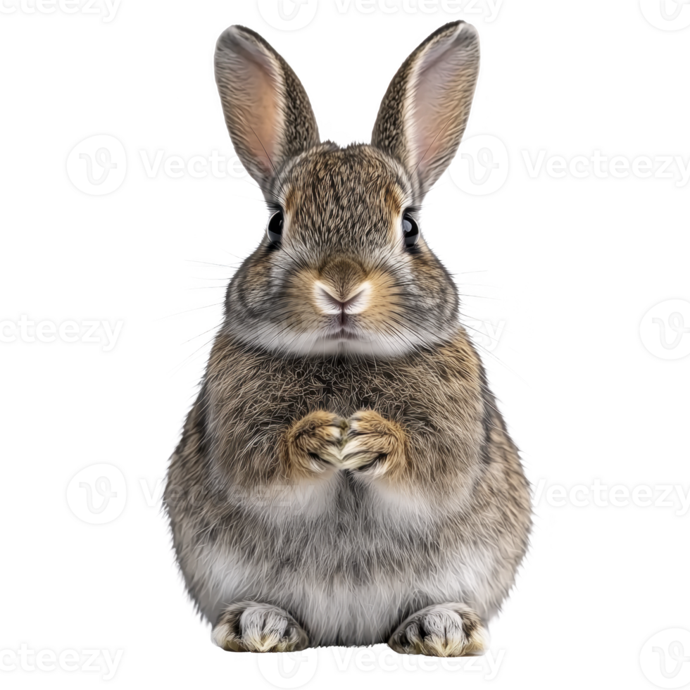 A cute, fluffy rabbit sits upright with its paws together, showcasing its soft fur and large ears. rabbit attentive expression adds to its charm png